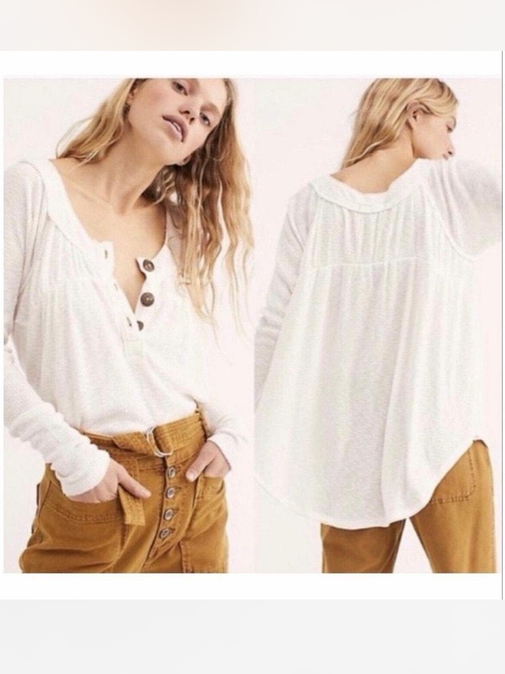 Free People White Long-Sleeve Henley Top with Button Placket